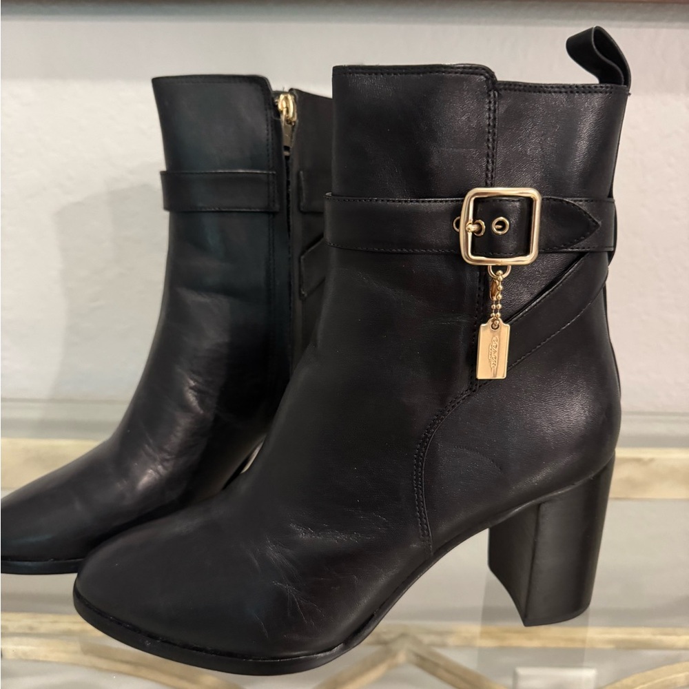 Coach Black Ankle Boots with Gold Buckle Details